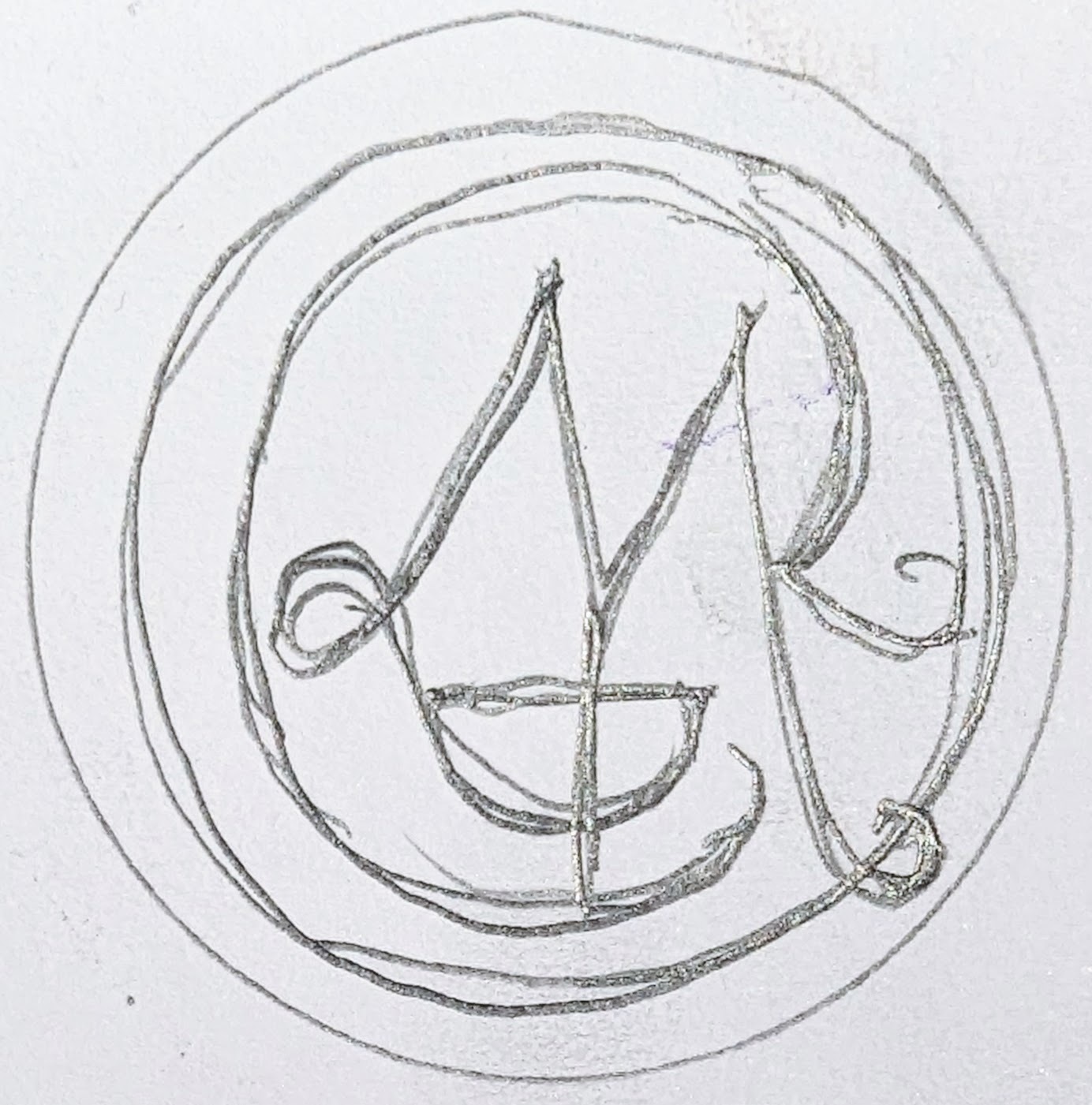 Sigil draft Draft of a round sigil, showing interwoven letter forms in pencil on white paper